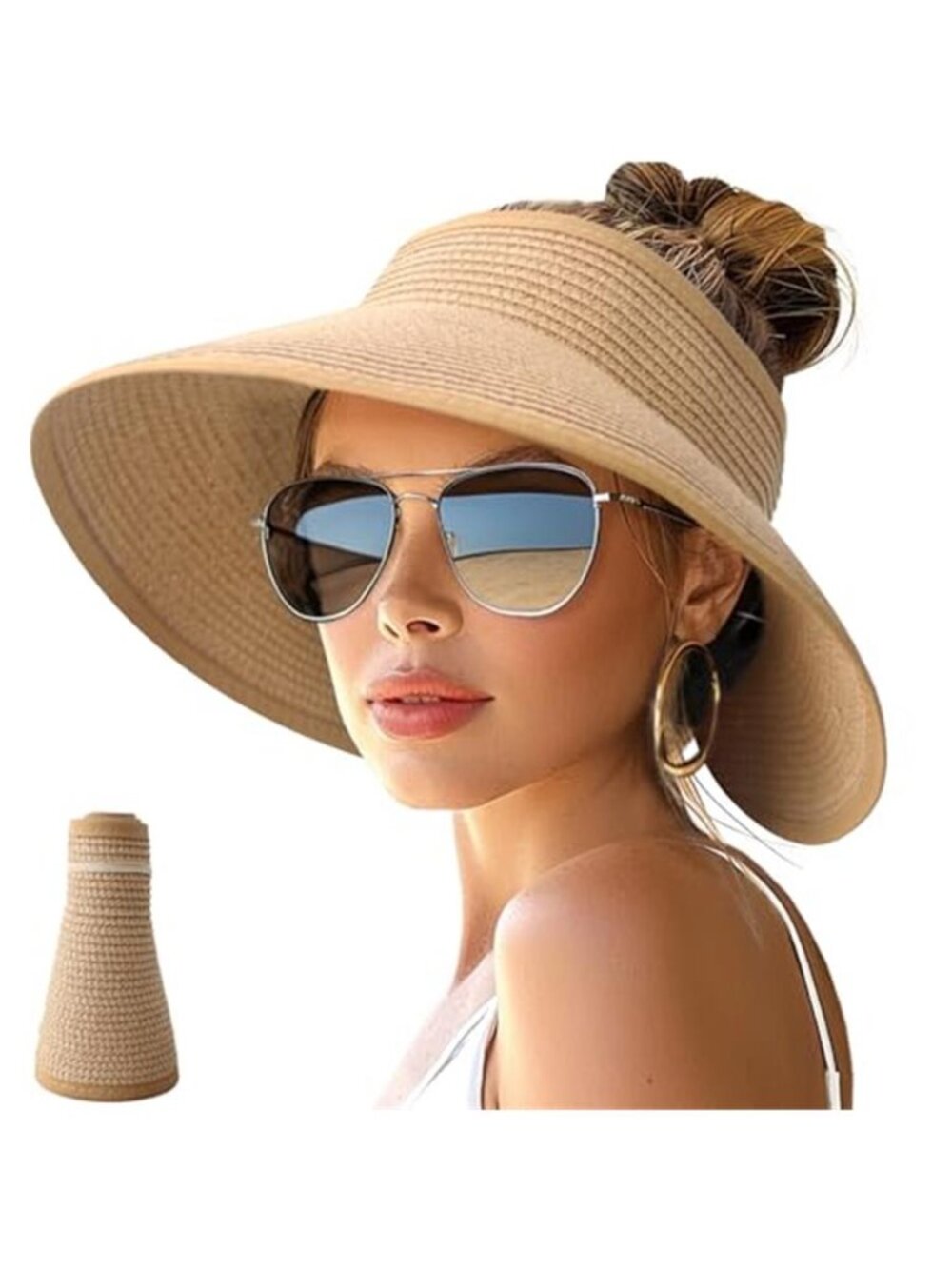 Wide Brim Straw Visor Sun Hat Women Beach Packable Foldable Ponytail UV Travel